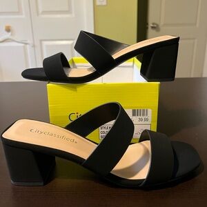 Cityclassified, New in box, Black slip on suede sandals with block heel. Size 8